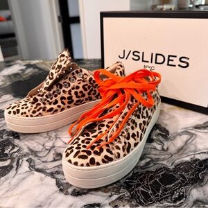 J/Slidees Leopard Print Sneakers with Bright Orange Laces